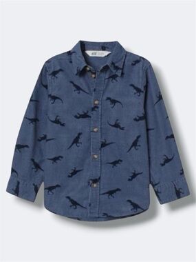 H&M Boys Corduroy Button Down Shirt 2-3Y Blue Dinosaur Print Long Sleeve Casual